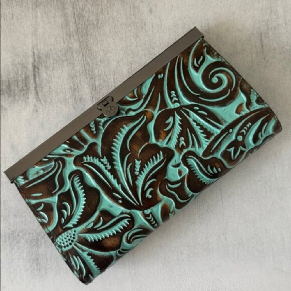 Patricia Nash Wallet Leather Framed Turquoise Cauchy Tooled In Gift Box